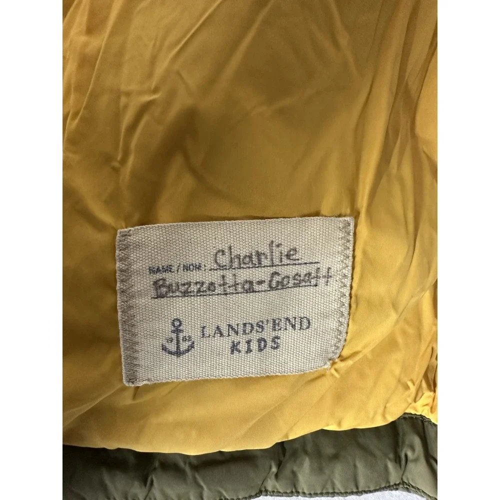Lands End Kids Size L/7 Green Down‎ Puffer Jacket Hood Pockets Winter Warm Coat